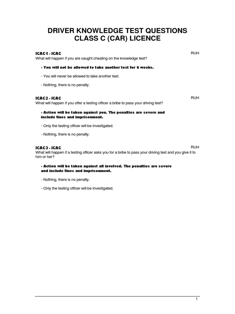 Driver Knowledge Test Questions Car | PDF | Traffic | Alcoholic Drinks