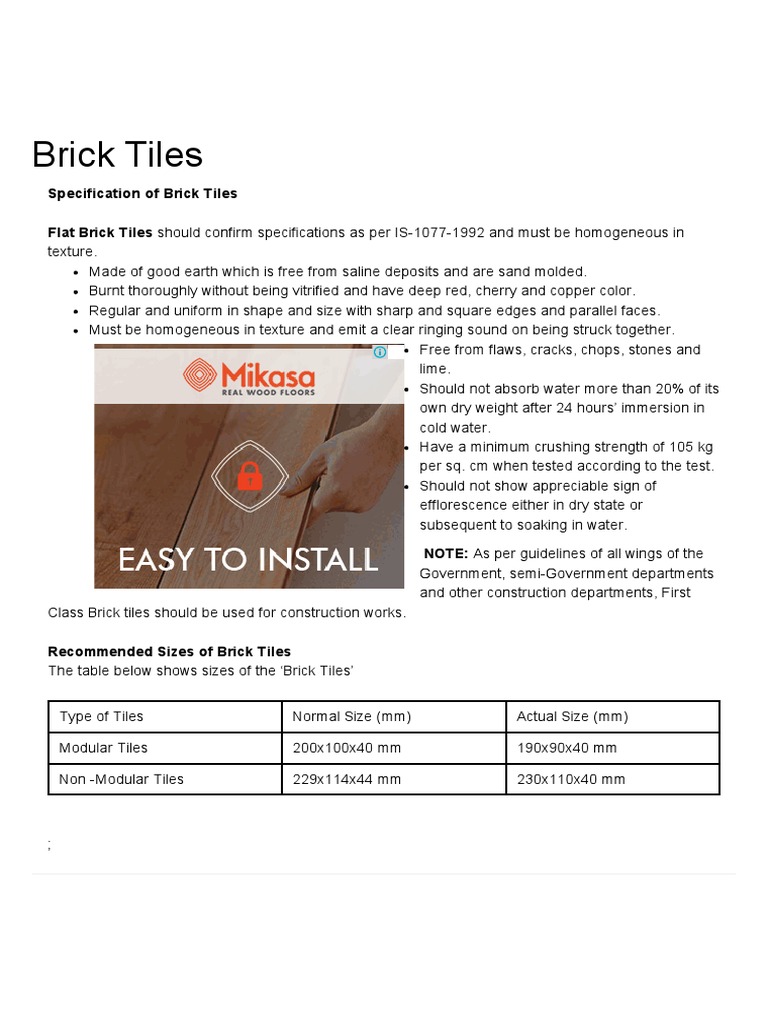 Brick Tile Specifications and Sizes | PDF | Tile | Bathroom