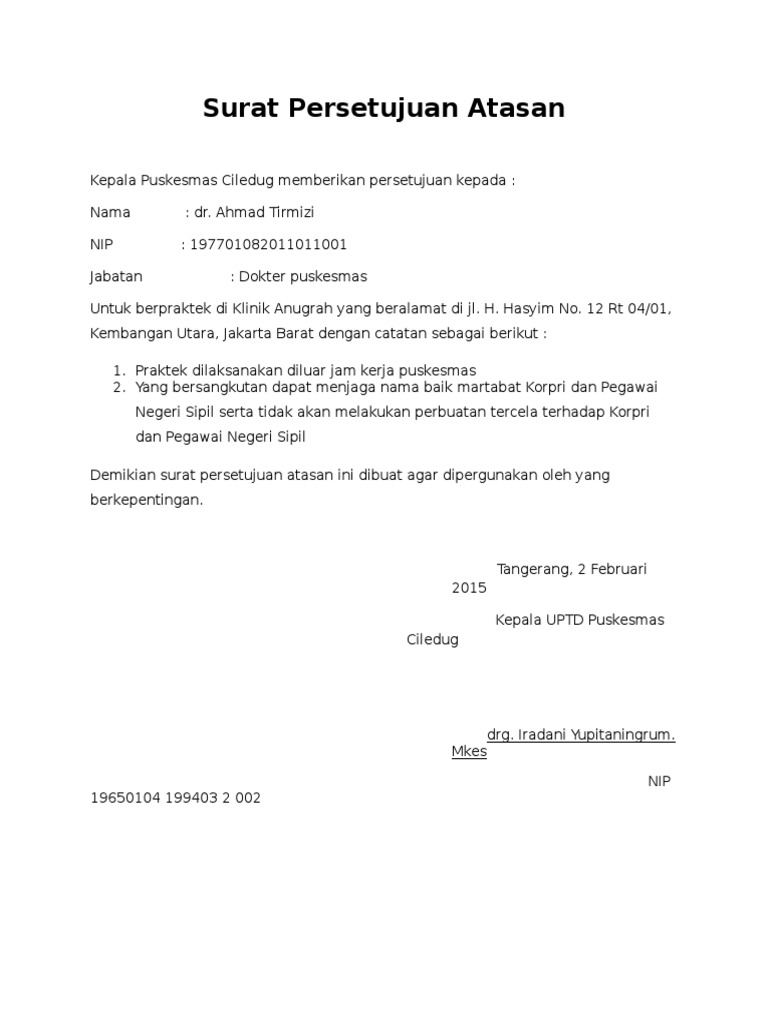 Surat Persetujuan Atasan Untuk SIP