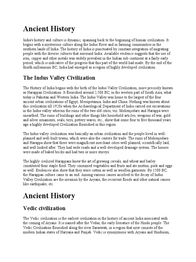 Ancient History The Indus Valley Civilization PDF Vedas South Asia