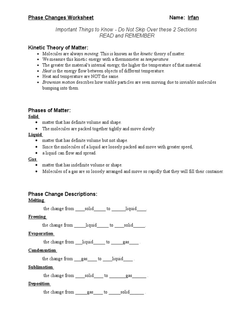 Phase Changes Worksheet | Phase (Matter) | Latent Heat