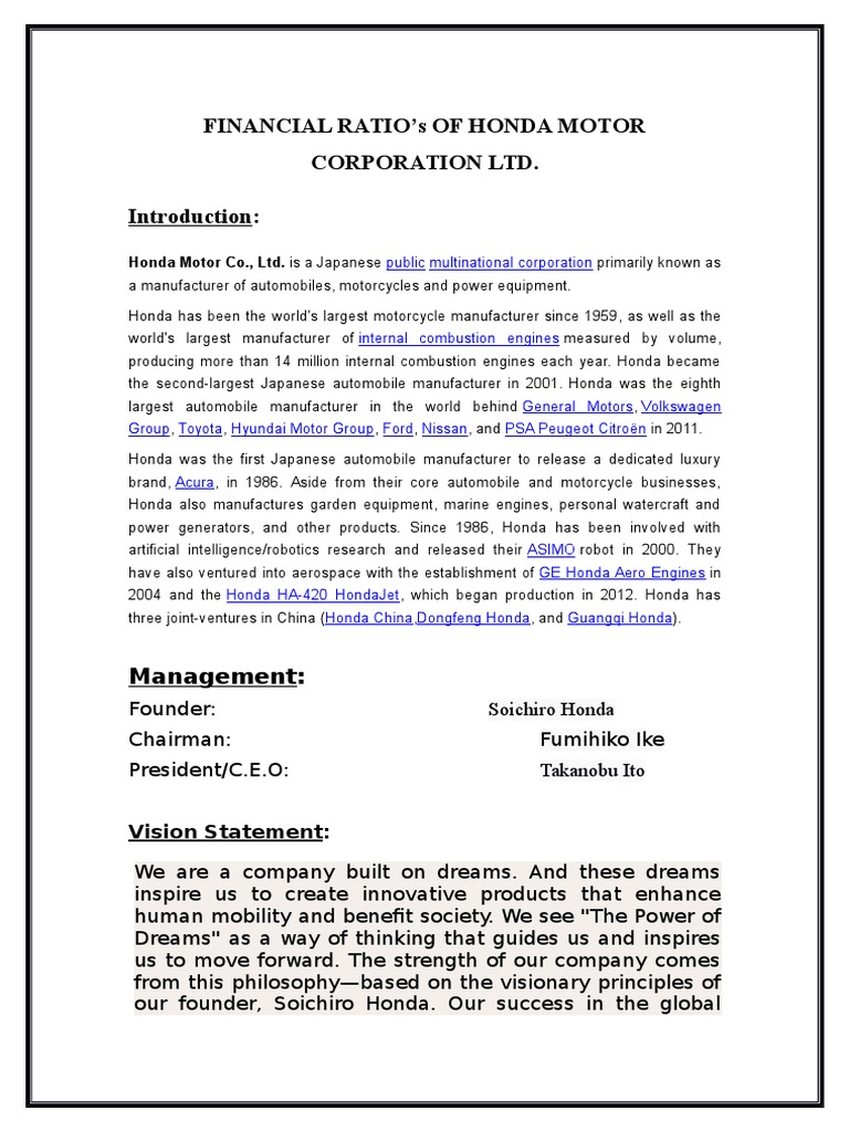 Financial Ratio'S of Honda Motor Corporation LTD. Vision Statement