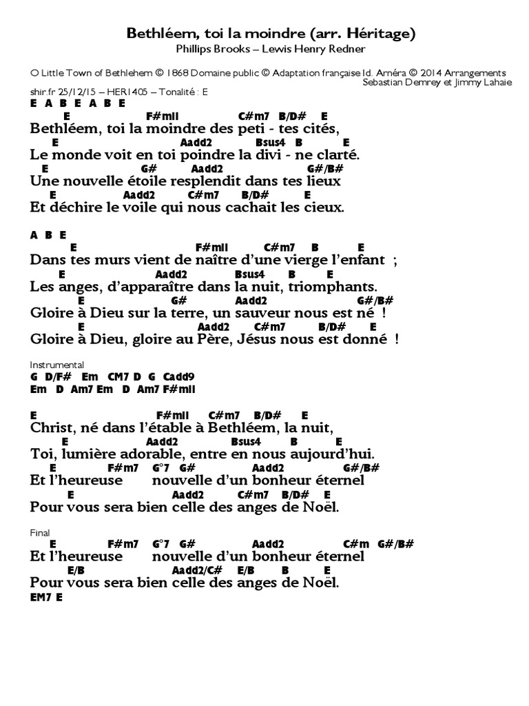 Bethleem Toi La Moindre Arr Heritage Phillips Brooks Lewis Henry Redner