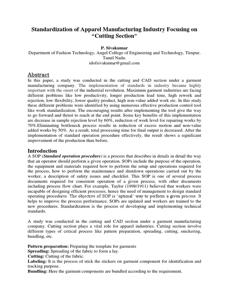 Standardization of Apparel Manufacturing Industry Focusing On "Cutting