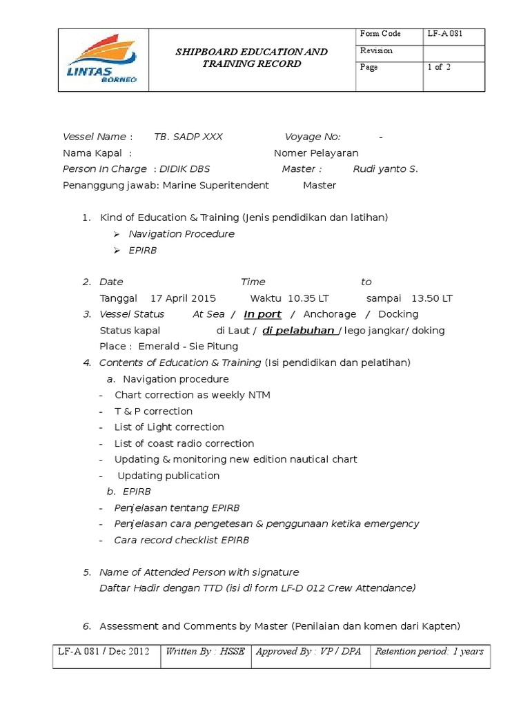 Shipboard Training Record 2015 | PDF
