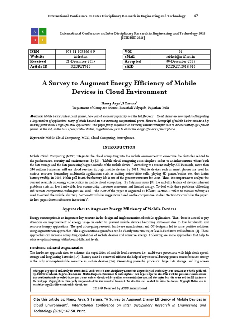 A Survey To Augment Energy Efficiency of Mobile Devices in Cloud ...