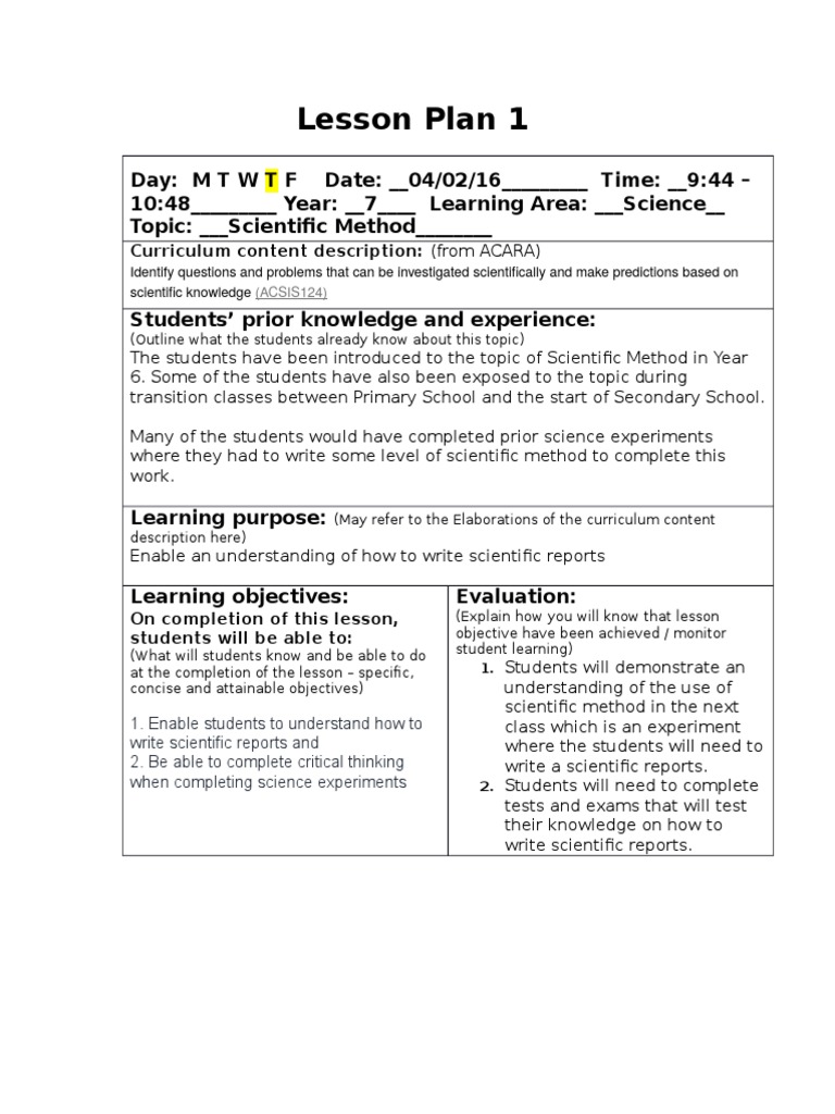 lesson plan 160204 scientific method | Scientific Method | Lesson Plan