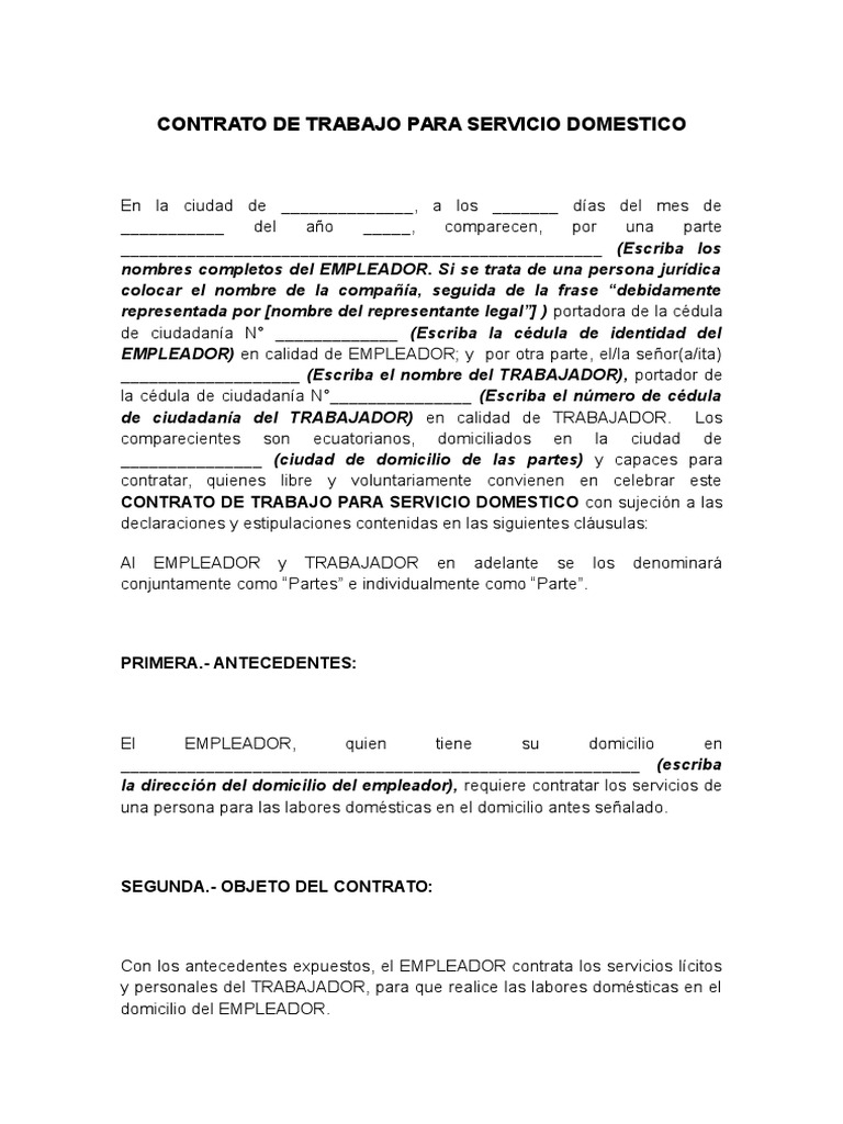 Contrato de Trabajo Para Servicio Domestico Derecho