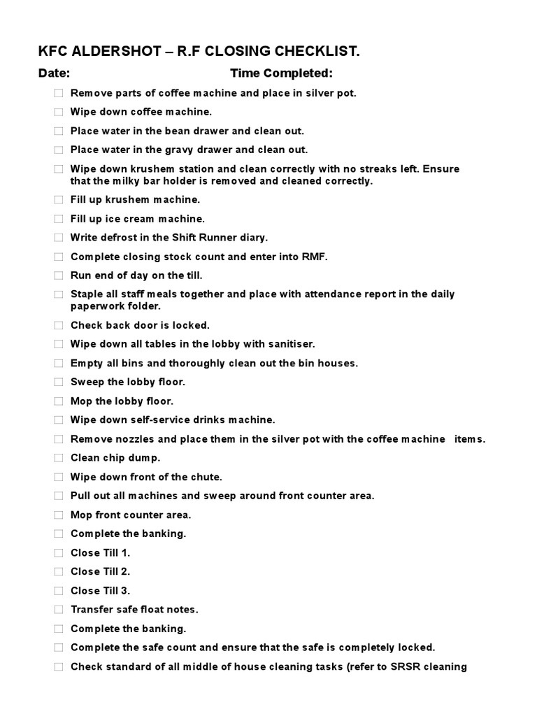 KFC Closing Checklist Fast Food Manual