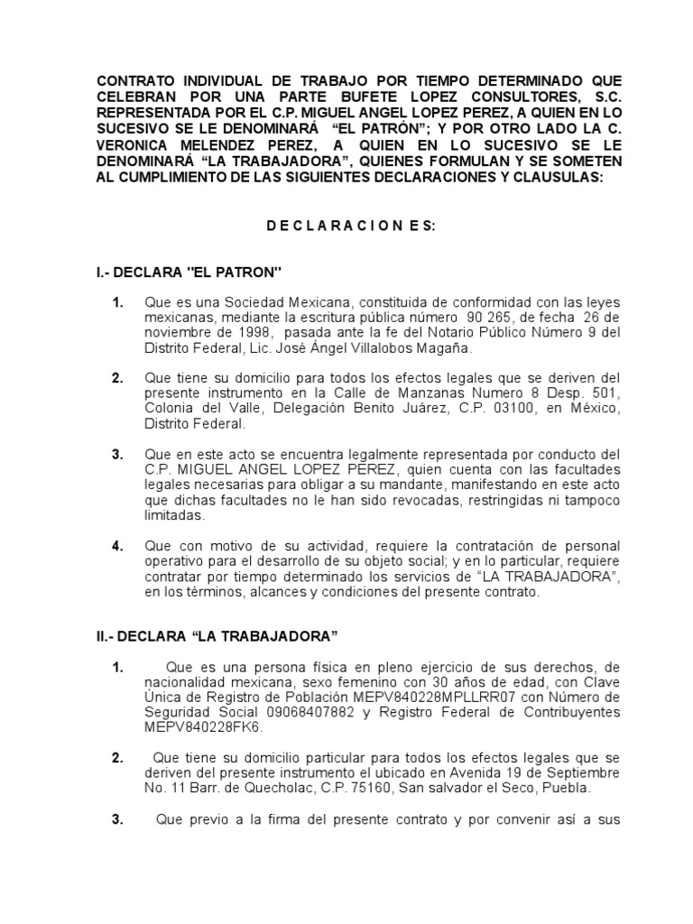 Contrato Individual De Trabajo Por Tiempo Det Erminado Karen Alvarado