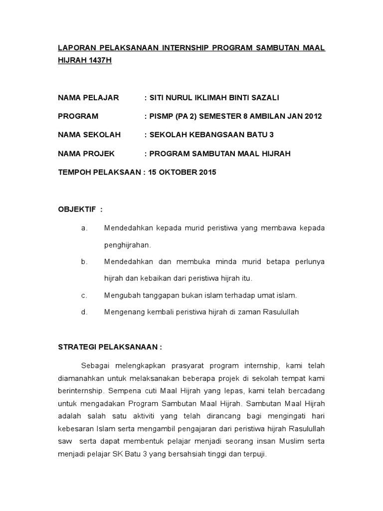 Laporan Pelaksanaan Internship Program Sambutan Maal Hijrah 1437h Pdf