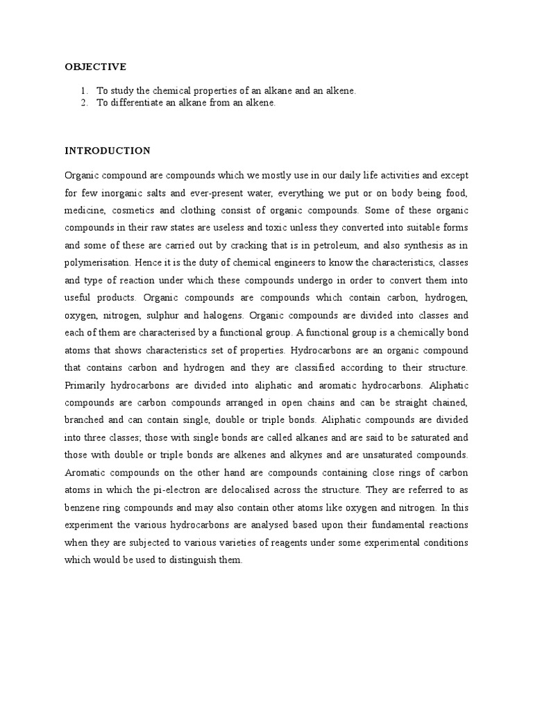 Lab Report Reactions Of Aliphatic Hydrocarbons Alkene Hydrocarbons