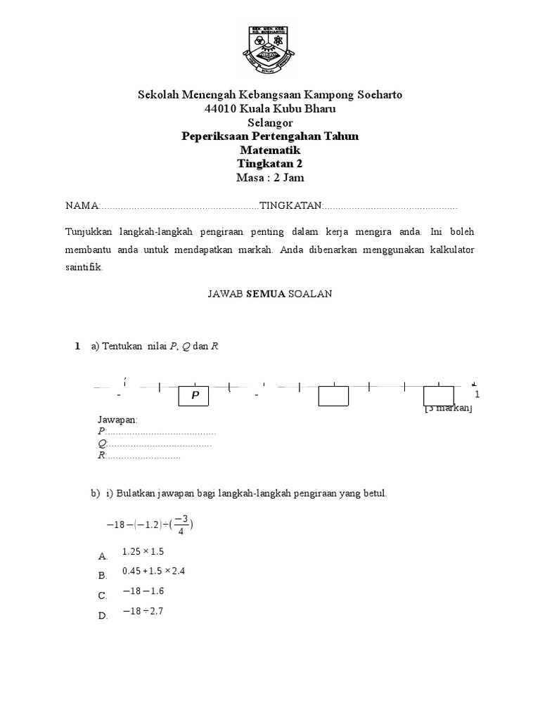 Peperiksaan pertengahan tahun matematik tingkatan 2