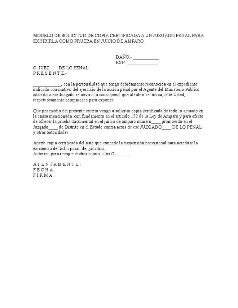 MODELO DE SOLICITUD DE COPIA CERTIFICADA A UN JUZGADO PENAL P