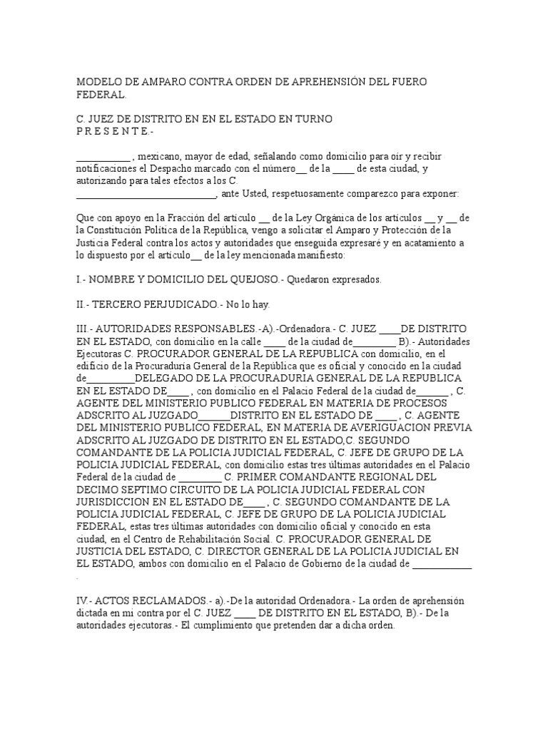 Modelo de Amparo Contra Orden de Aprehensión Del Fuero Federa | PDF ...