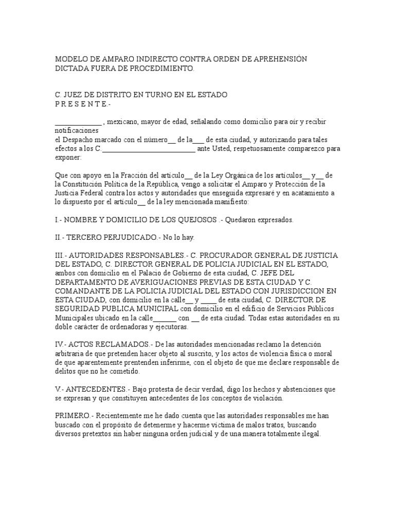 Modelo de Amparo contra Orden de Aprehensión | PDF | Violación ...