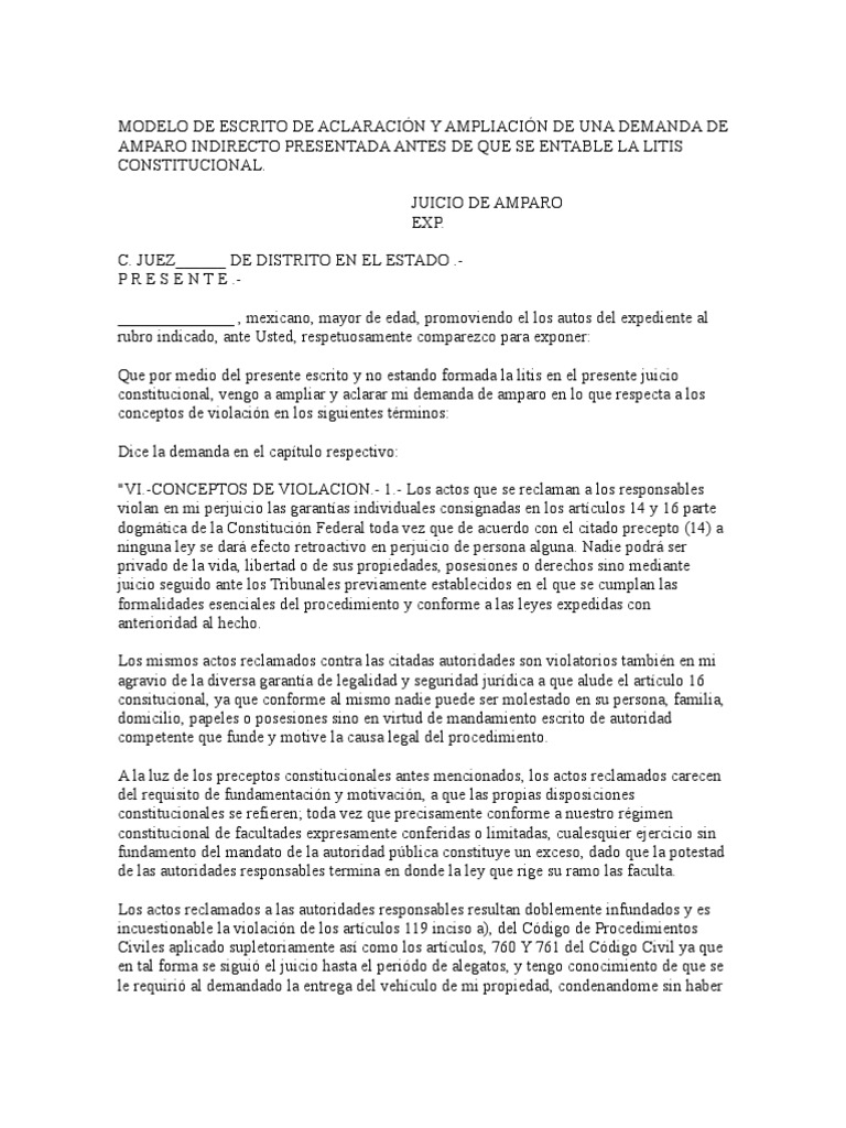 Modelo de Escrito de Aclaración y Ampliación de Una Demanda D | PDF |  Demanda judicial | Derecho Constitucional