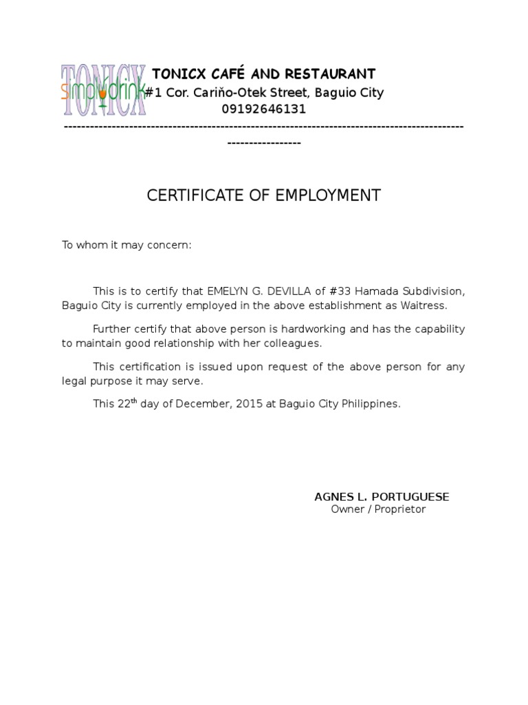 TONICX CAFÉ and RESTAURANTcertificate of Employment PDF