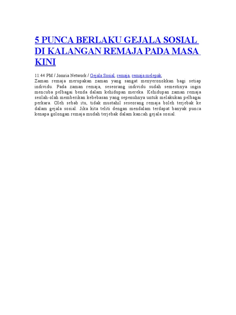 5 Punca Berlaku Gejala Sosial Di Kalangan Remaja Pada Masa Kini Pdf
