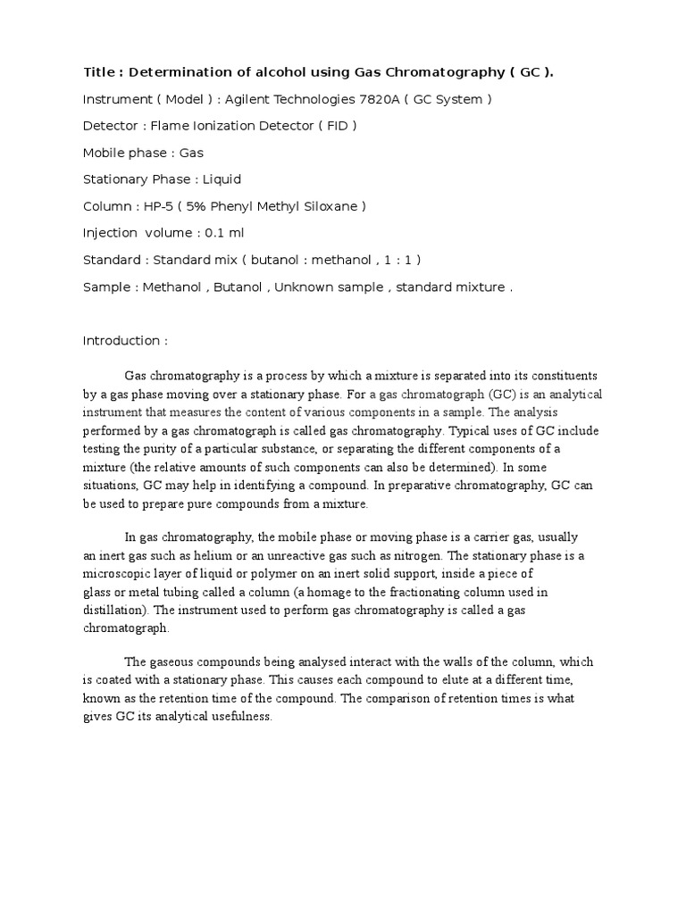 Lab Report Gas Chromatography (GC) PDF Gas Chromatography
