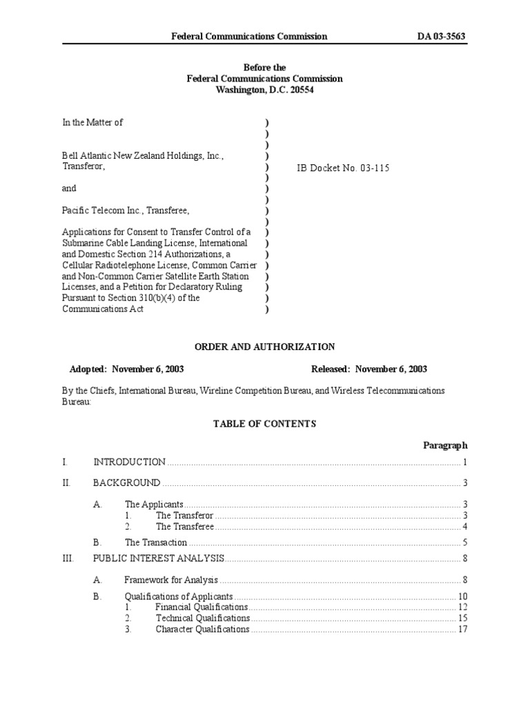 FCC Order Transfer To PTI DA-03-3563A1 of 11-06-2003 | PDF ...