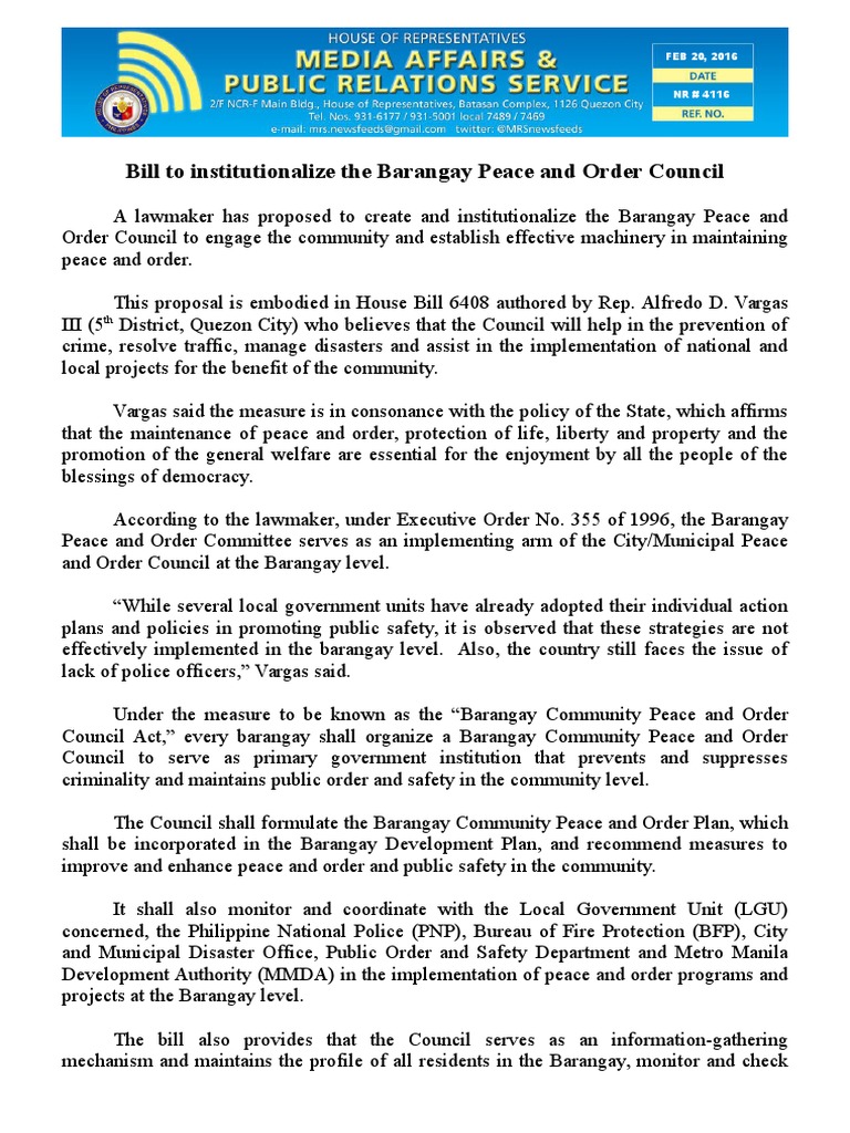 Feb20.2016bill To Institutionalize The Barangay Peace and Order Council ...