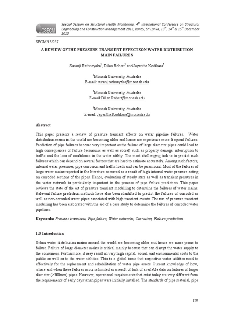 Pressure Transients in Water Mains | PDF | Pipe (Fluid Conveyance ...