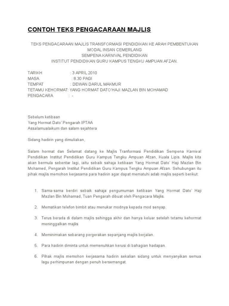 Contoh Teks Pengacaraan Majlis