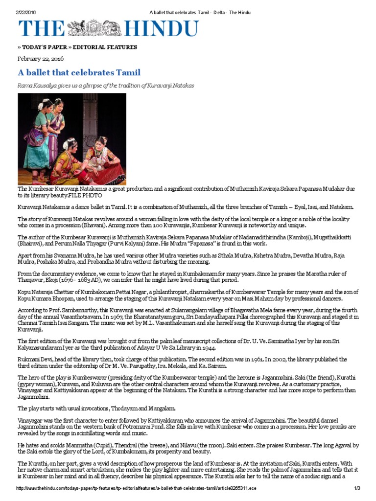 A Ballet That Celebrates Tamil Delta The Hindu PDF Religion And