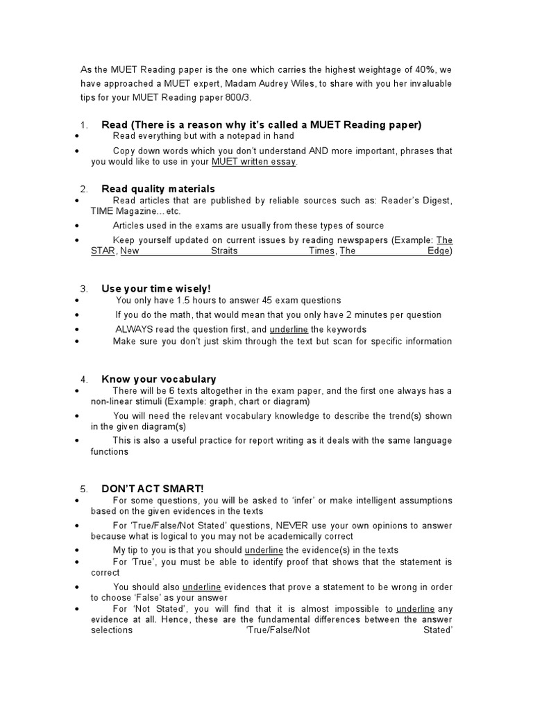 Muet Reading Test Assessment Reading Comprehension