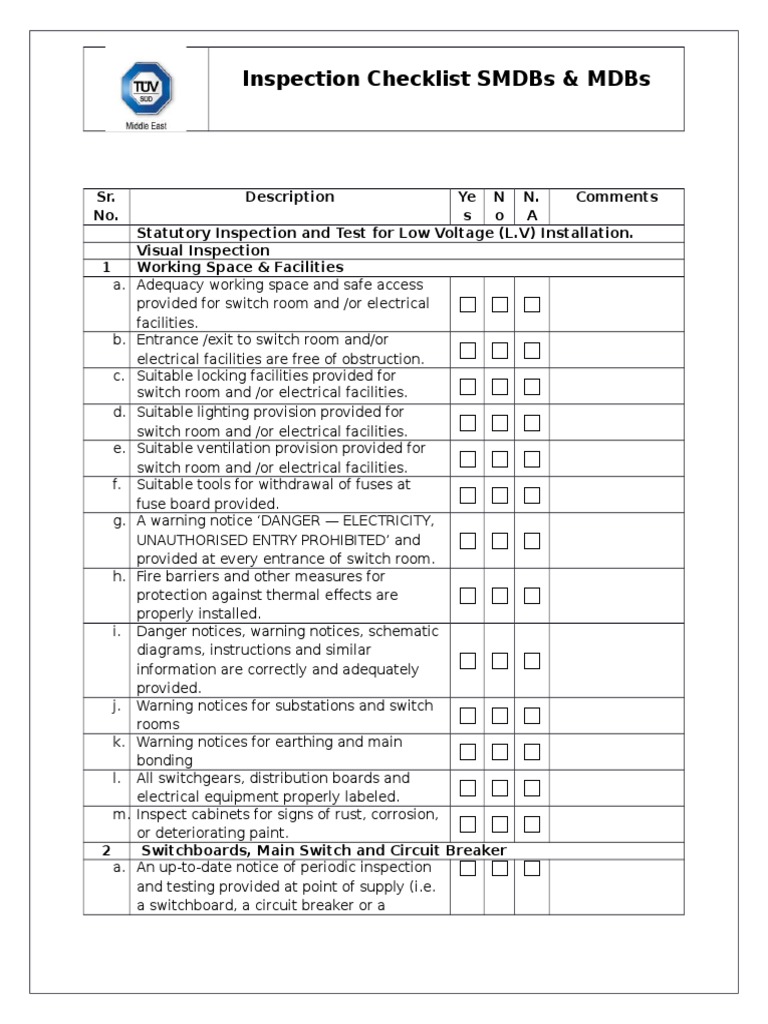 Inspection Checklist for SMDBs & MDBs Fuse (Electrical) Switch