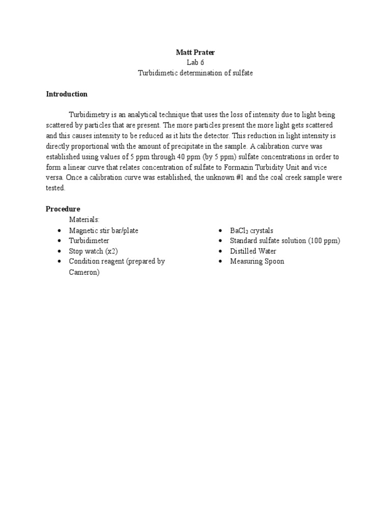 Turbidimetric Determination of Sulfate PDF Physical Sciences
