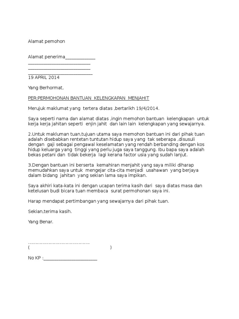 Contoh Surat Permohonan Bantuan Kelengkapan Menjahit Pdf