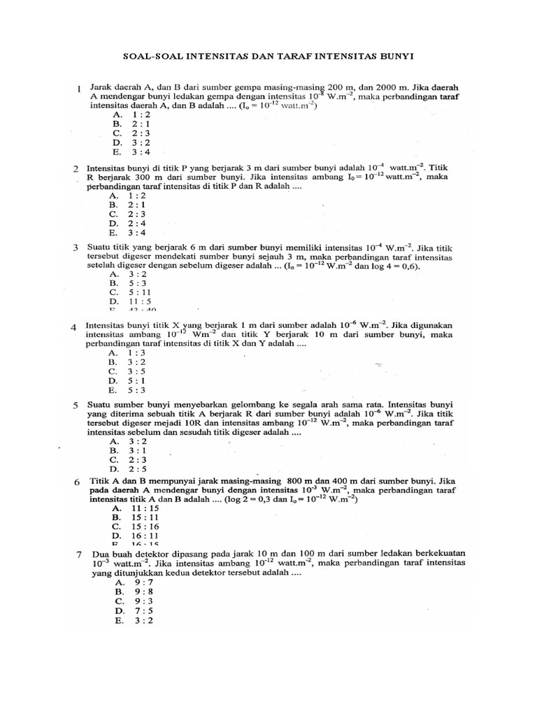 Soal-Soal Intensitas Dan Taraf Intensitas Bunyi | PDF
