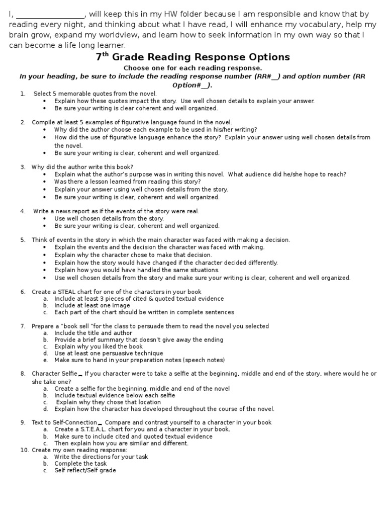 7 Grade Reading Response Options Communication Cognition