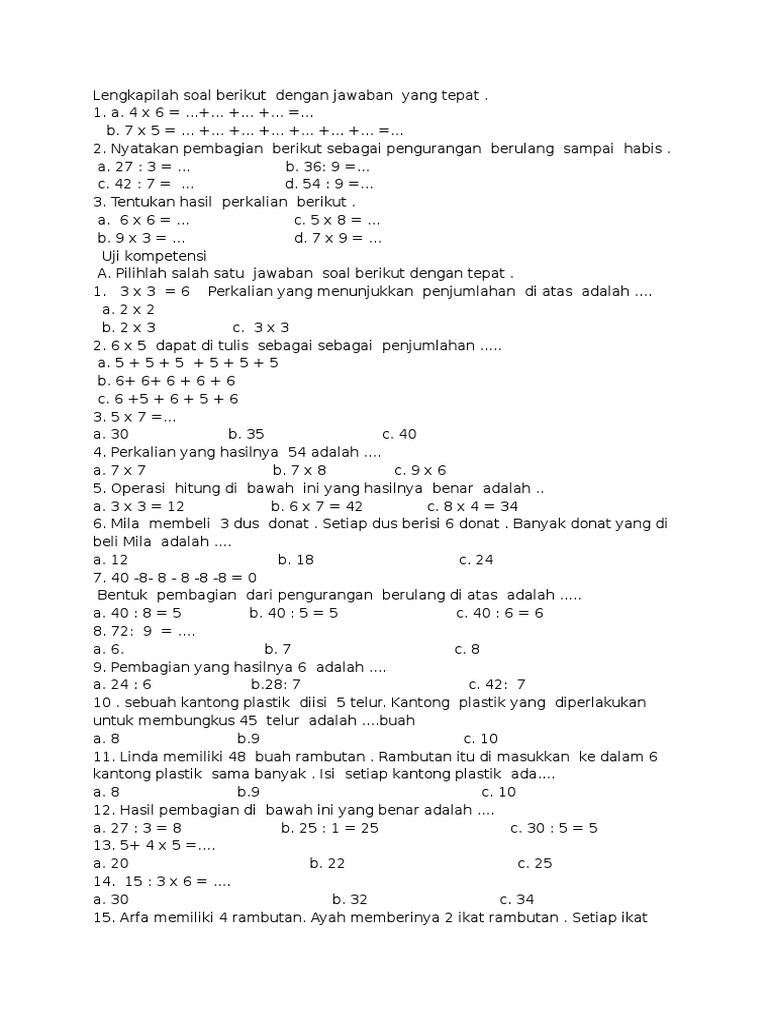 soal perkalian dan pembagian kelas 2 sd