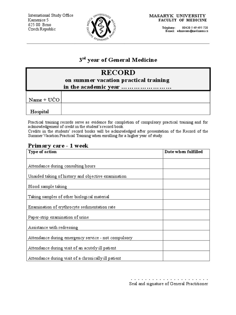 Summer Practical Training Record | PDF | Medicine | Health Care