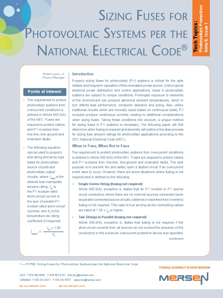 Sizing Fuses of PV Systems Per NEC 1 Fuse (Electrical) Photovoltaic