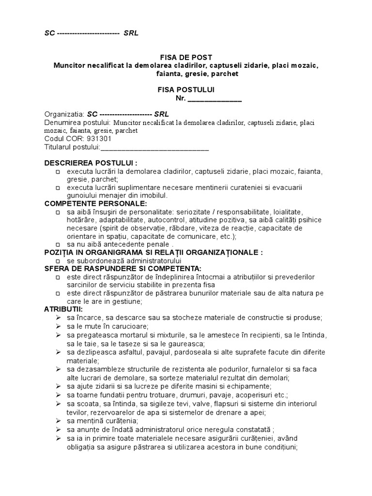 Muncitor Necalificat Constructii Muncitor Necalificat La Demolarea Cladirilor, Captuseli Zidarie, Placi