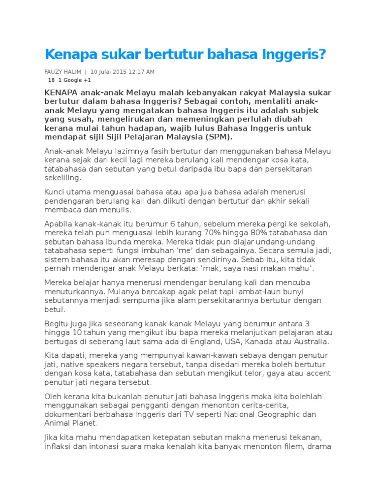 Kenapa Sukar Bertutur Bahasa Inggeris Pdf
