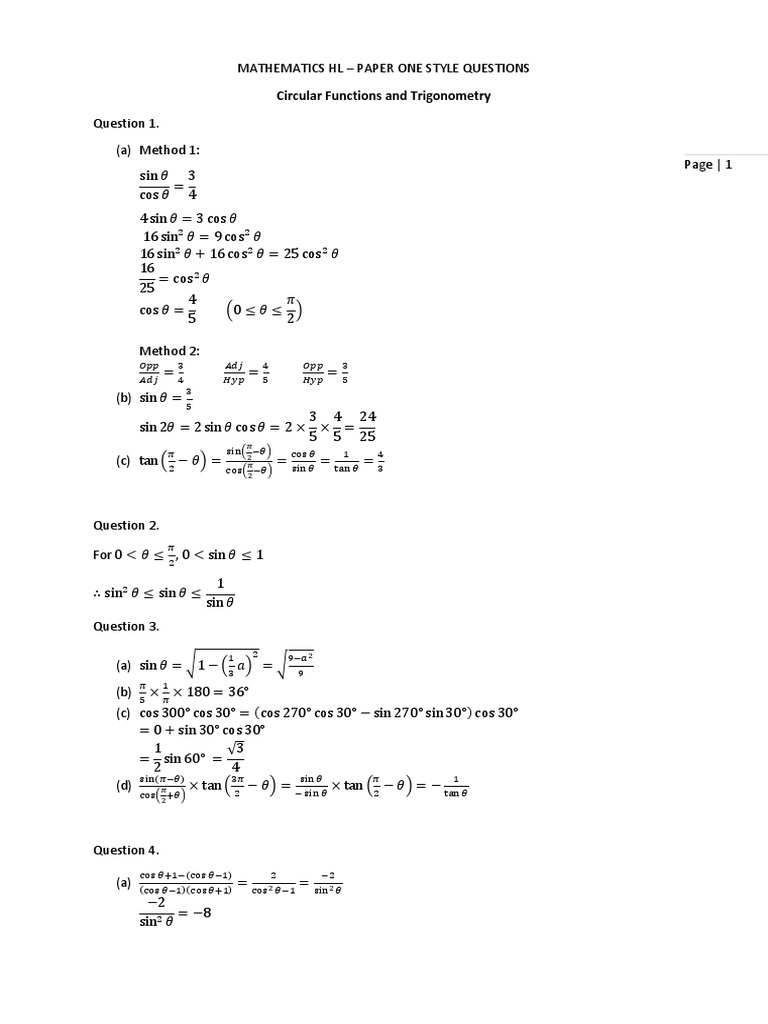 IB Mathematics Higher Level Sample Questions Trig Answers Calculus
