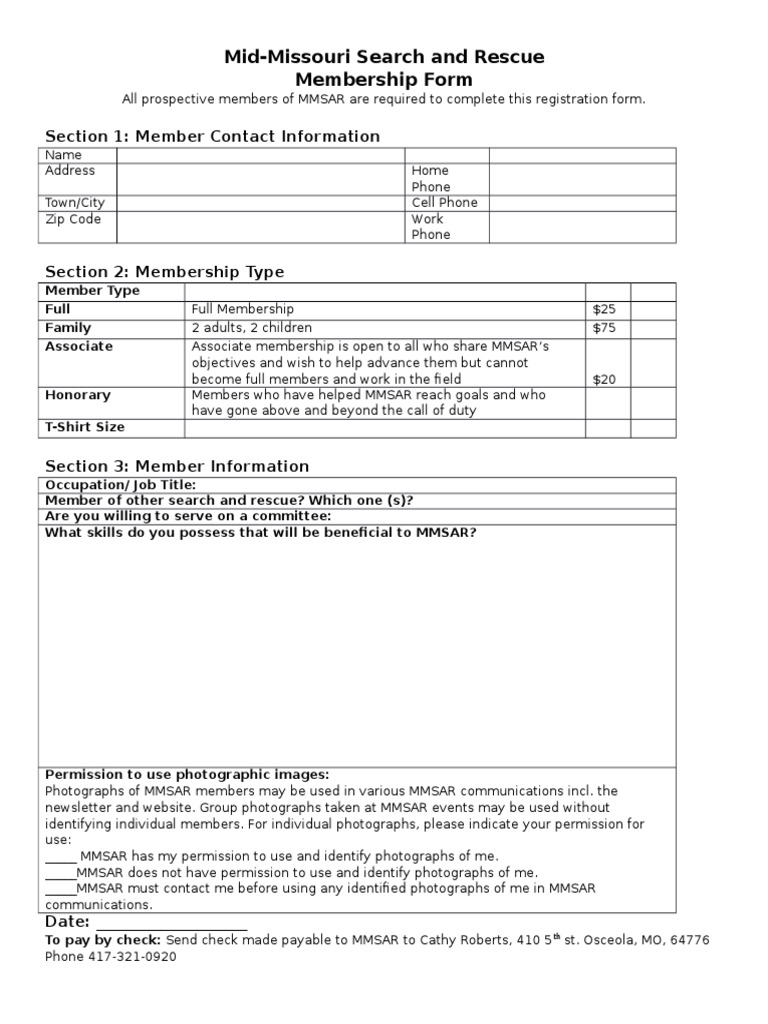 Mid-Missouri Search and Rescue Membership Form | PDF | Social Science