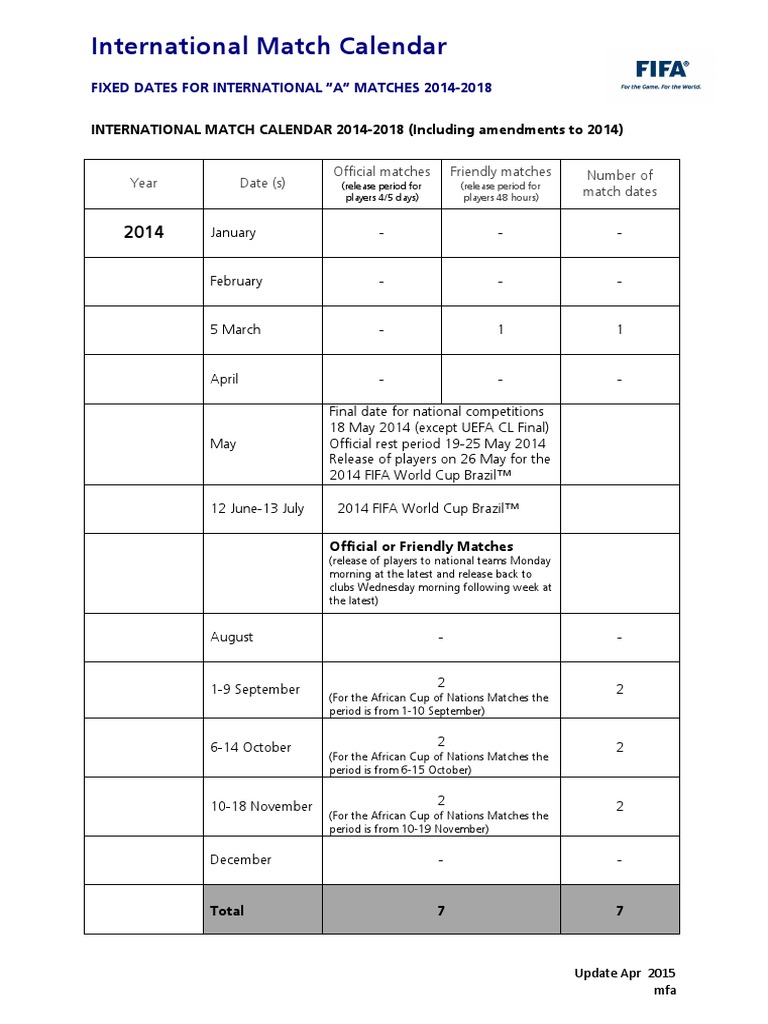 International Match Calendar PDF International Sports Competitions