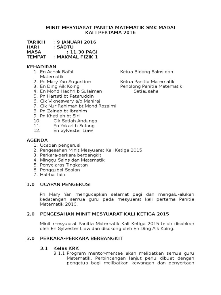 Minit Mesyuarat Panitia Matematik Pdf