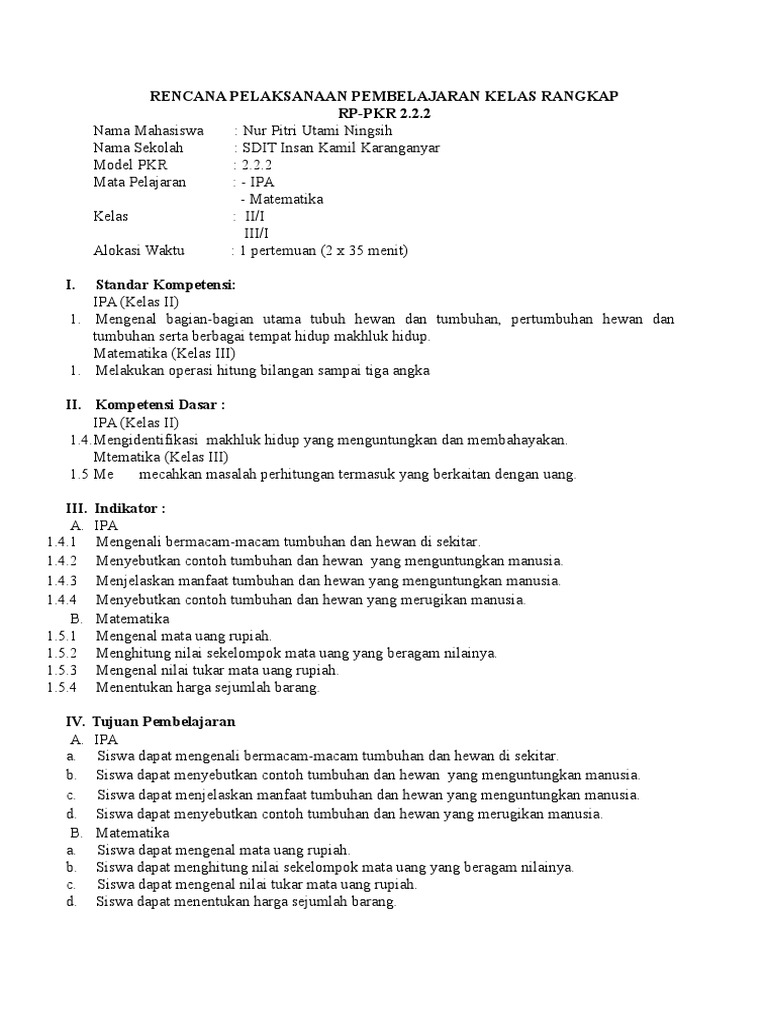 Rencana Pelaksanaan Pembelajaran Kelas Rangkap 222