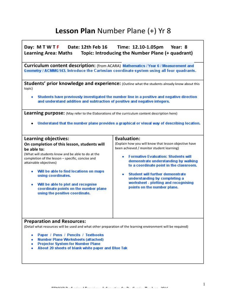 Detailed Lesson Plan About Cartesian Plane