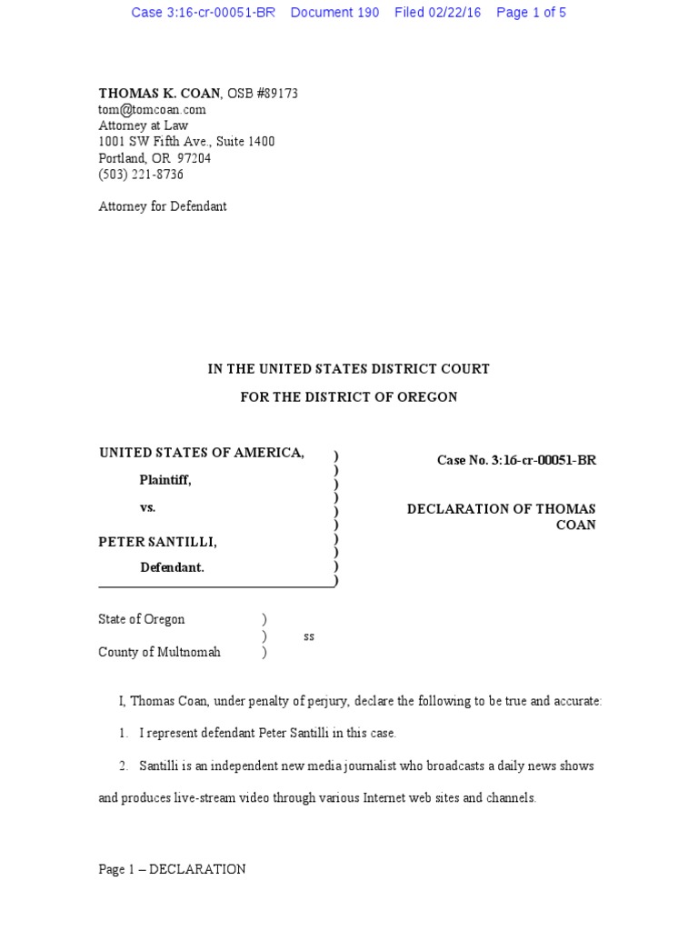 02222016 ECF 190 U.S.A V A. BUNDY Et Al Declaration by Thomas Coan