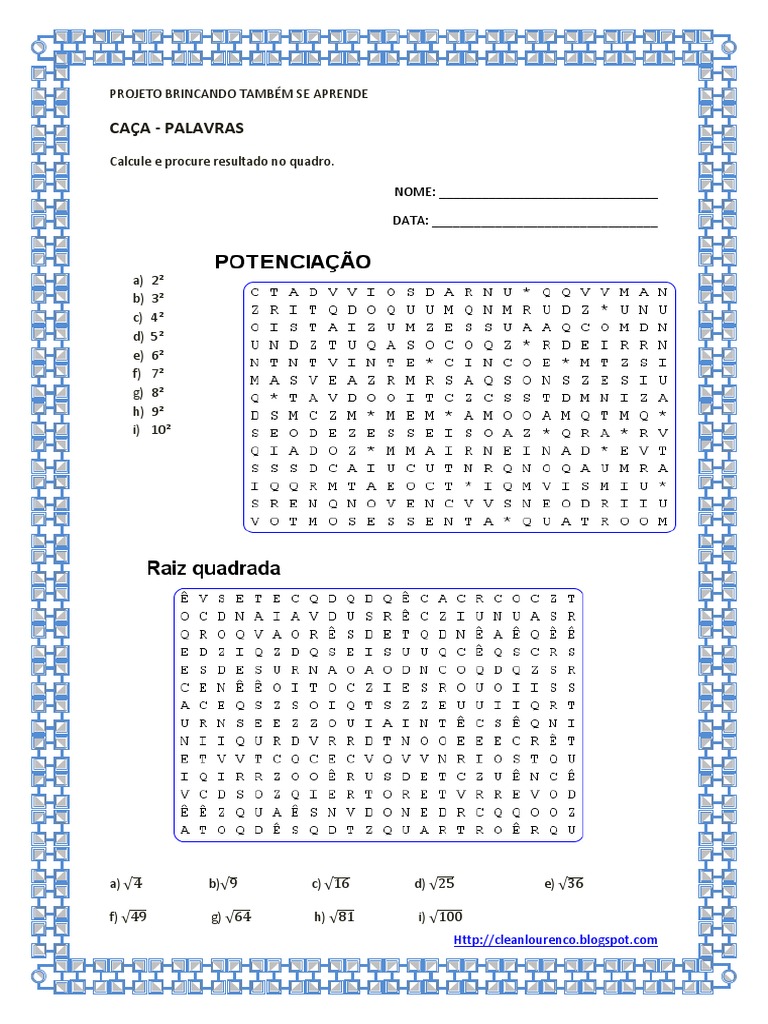Caça-Palavras: Potenciação e Raiz | PDF