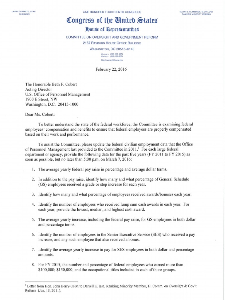 House Oversight Committee Letter To Beth Cobert February 22, 2016