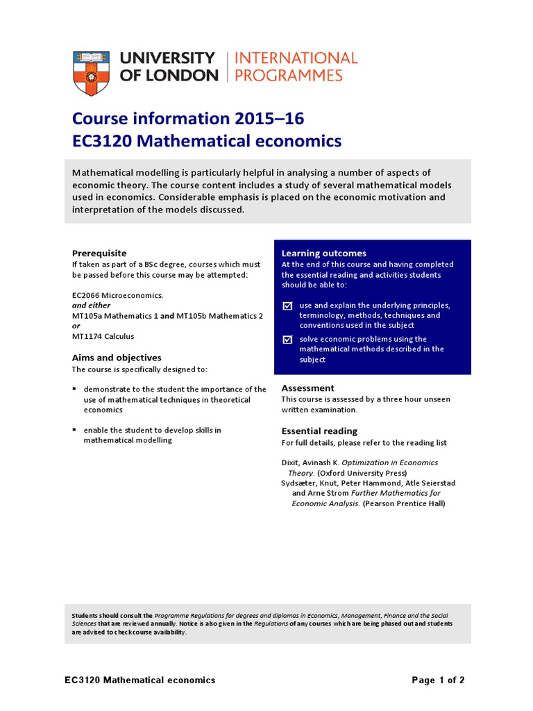 Mathematical Economics Course Overview | PDF | Mathematical ...